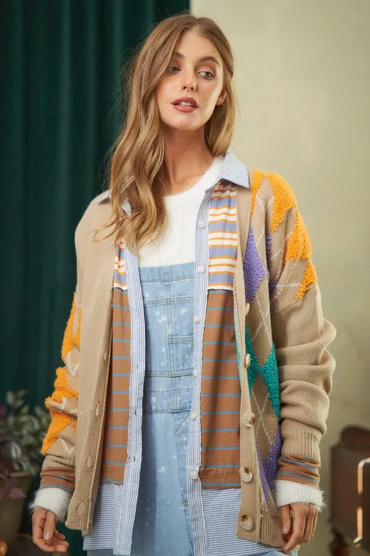 Plush Argyle Button Knit Cardigan