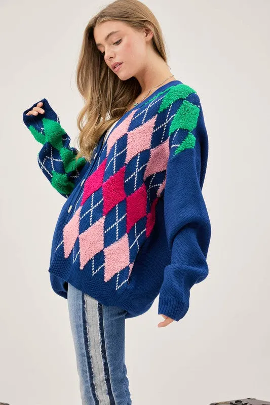Plush Argyle Button Knit Cardigan