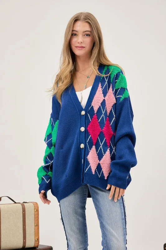 Plush Argyle Button Knit Cardigan
