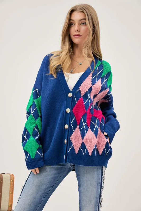 Plush Argyle Button Knit Cardigan