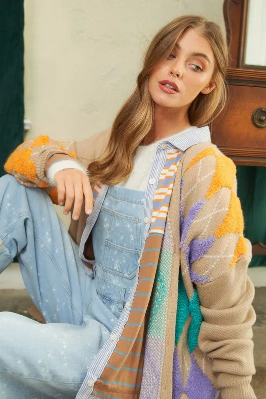 Plush Argyle Button Knit Cardigan