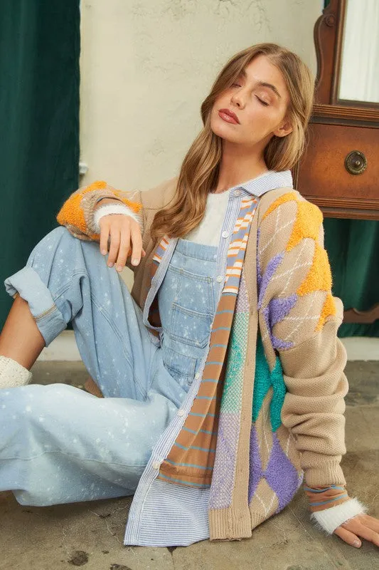 Plush Argyle Button Knit Cardigan