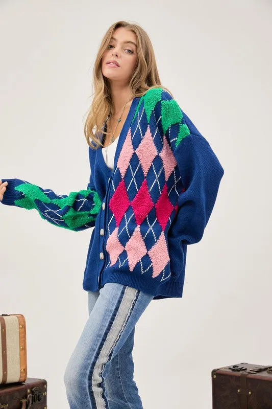 Plush Argyle Button Knit Cardigan