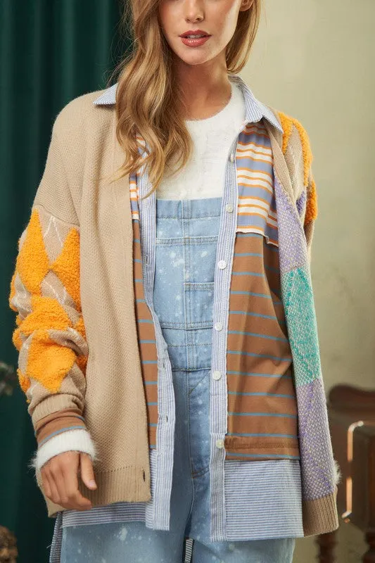 Plush Argyle Button Knit Cardigan