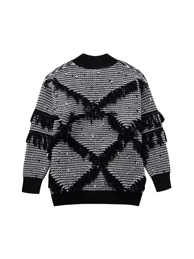 Pre Order:  Black and White Fringe Knit Cardigan
