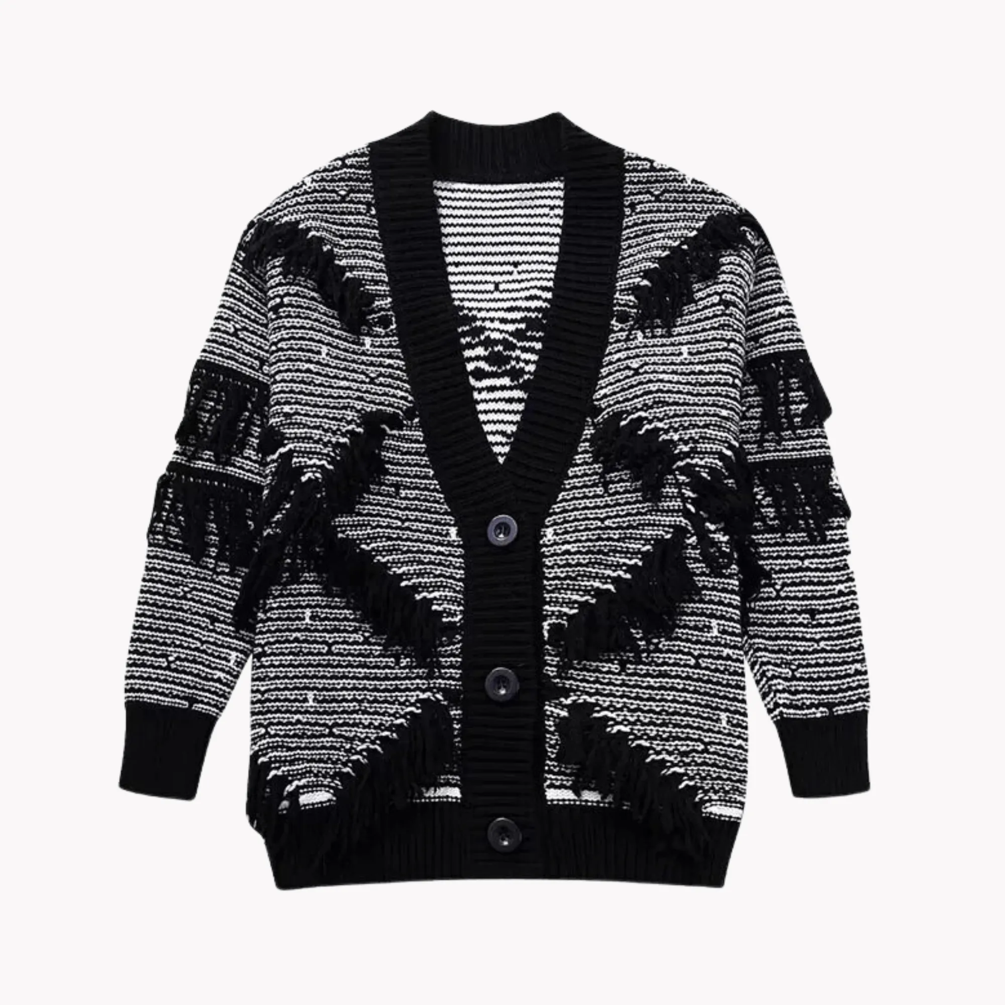 Pre Order:  Black and White Fringe Knit Cardigan