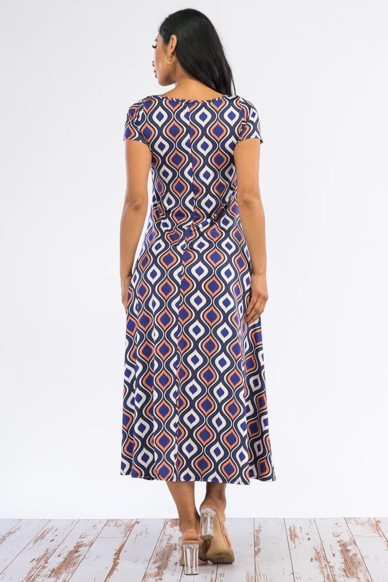 SAN144R-GEOMETRIC - CAP SLEEVE MAXI DRESS