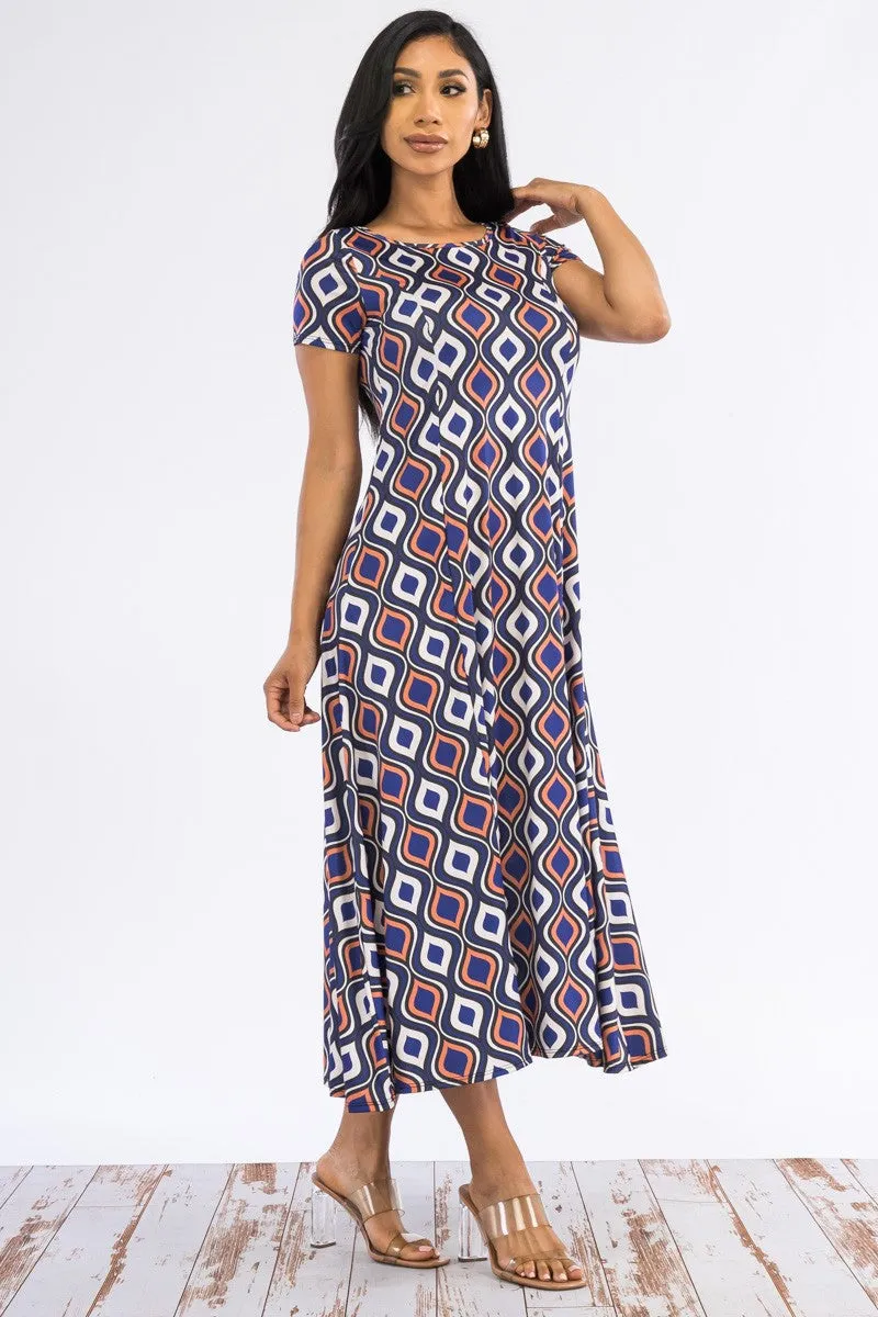 SAN144R-GEOMETRIC - CAP SLEEVE MAXI DRESS