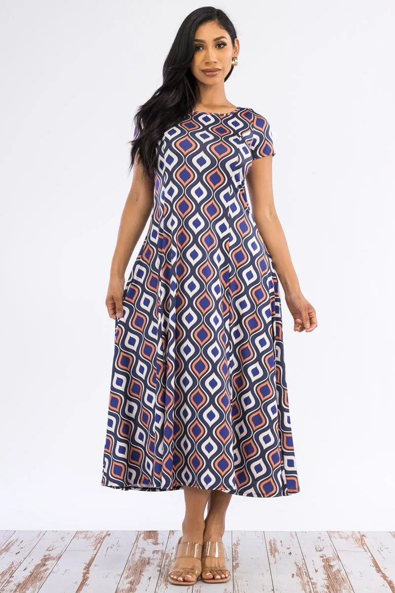 SAN144R-GEOMETRIC - CAP SLEEVE MAXI DRESS