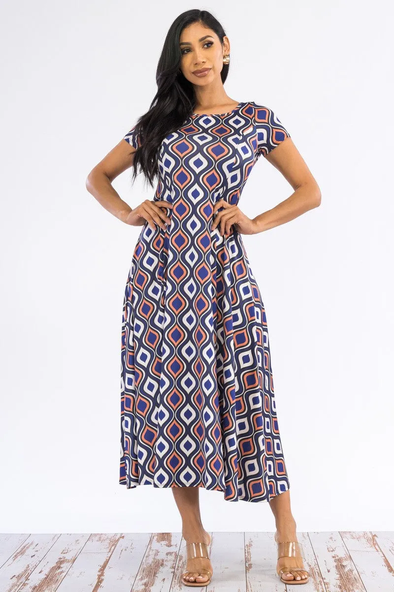 SAN144R-GEOMETRIC - CAP SLEEVE MAXI DRESS