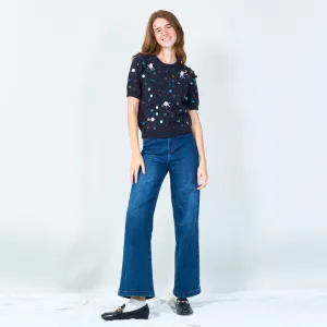 Sequin polka dot short sleeve knit top wholesale