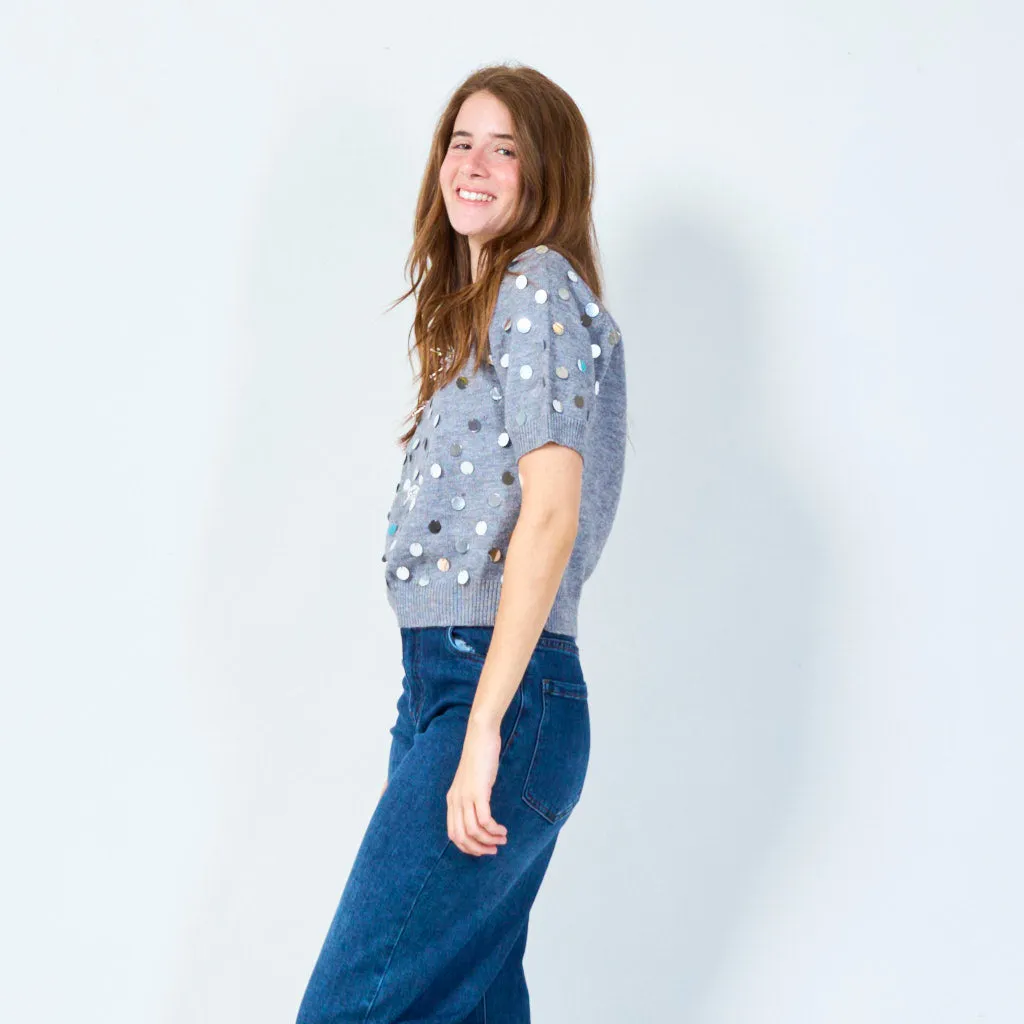 Sequin polka dot short sleeve knit top wholesale