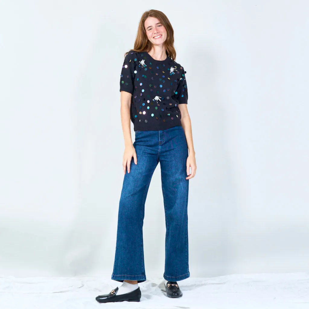 Sequin polka dot short sleeve knit top wholesale