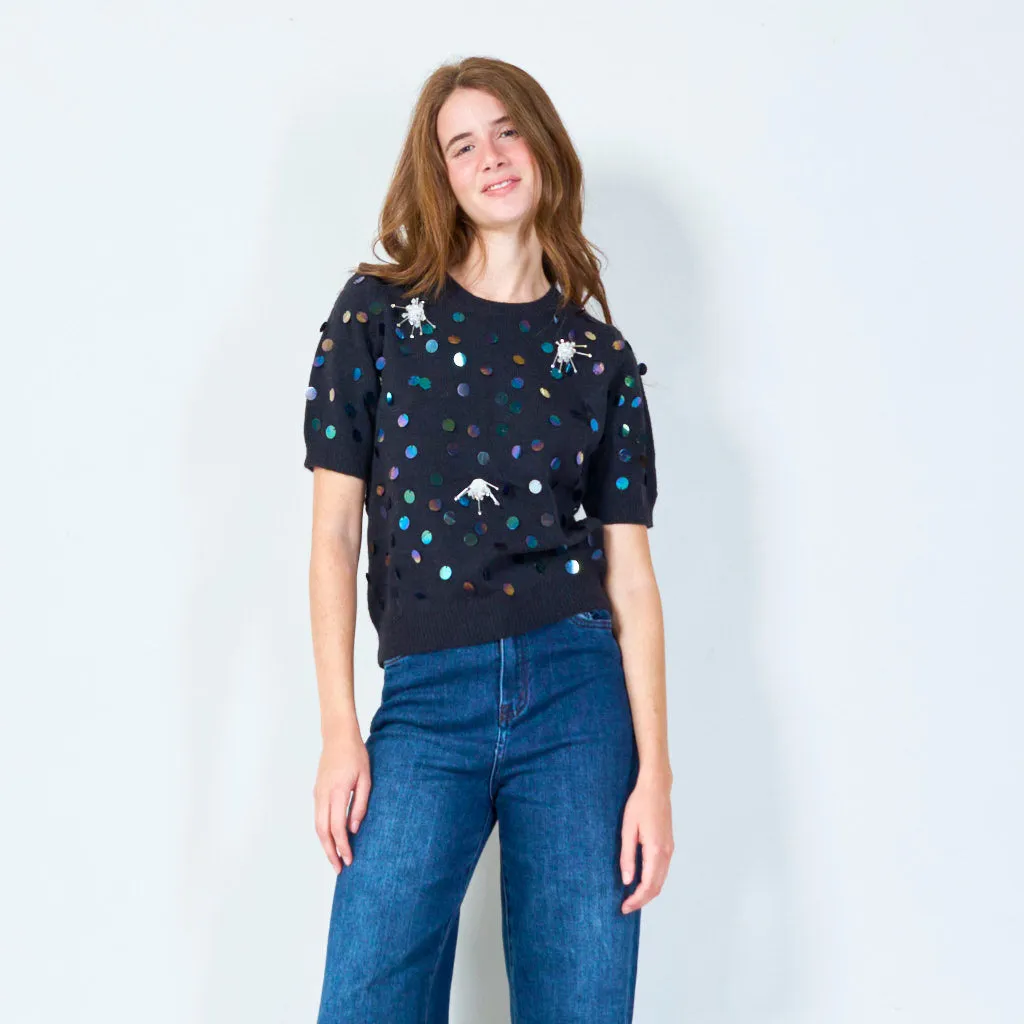 Sequin polka dot short sleeve knit top wholesale