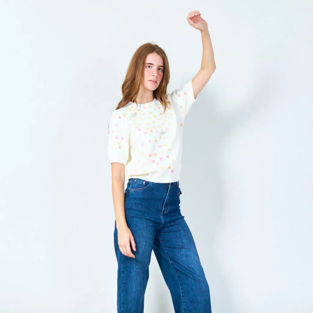 Sequin polka dot short sleeve knit top wholesale