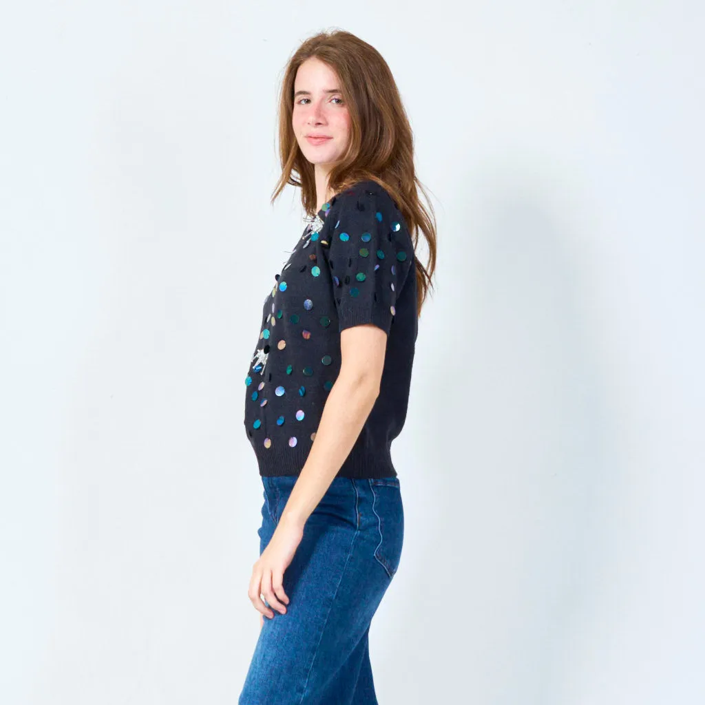 Sequin polka dot short sleeve knit top wholesale