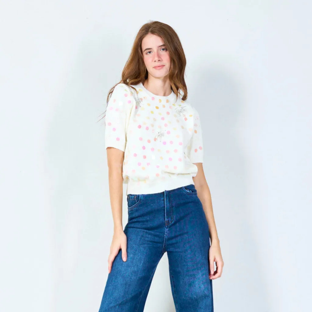 Sequin polka dot short sleeve knit top wholesale