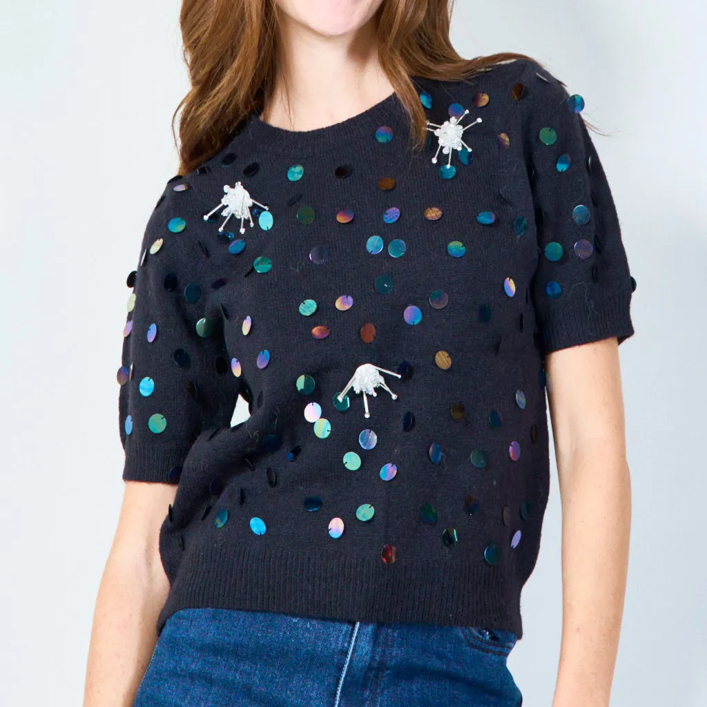 Sequin polka dot short sleeve knit top wholesale