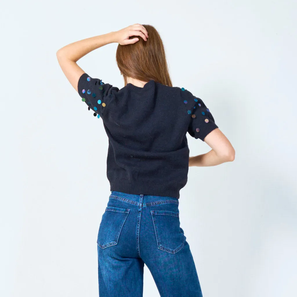Sequin polka dot short sleeve knit top wholesale