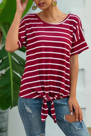 Striped Knot Hem Scoop T-shirt