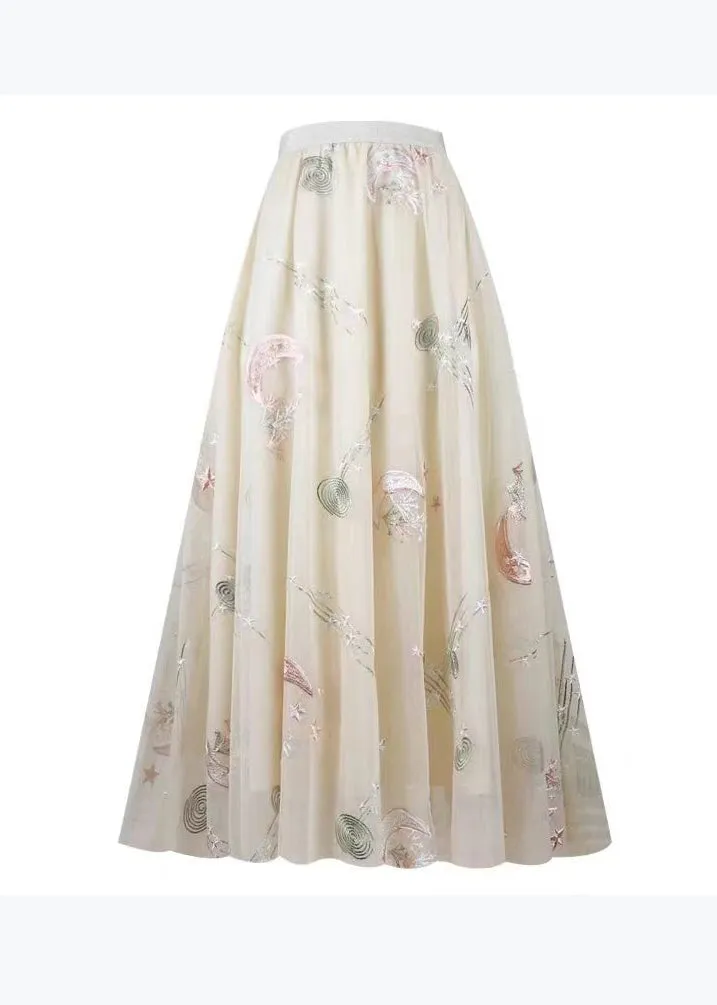 Stylish Apricot Embroidered High Waist Tulle Skirts Spring