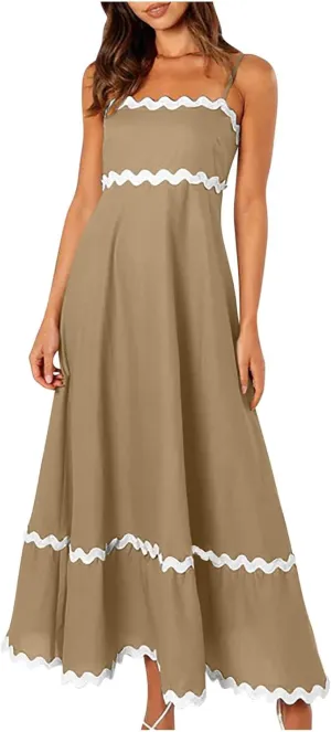 Summer Casual Boho Dresses for Women 2024 RIC Rac Spaghetti Strap Flowy Maxi Dress Berach Smocked Flowy Sundress