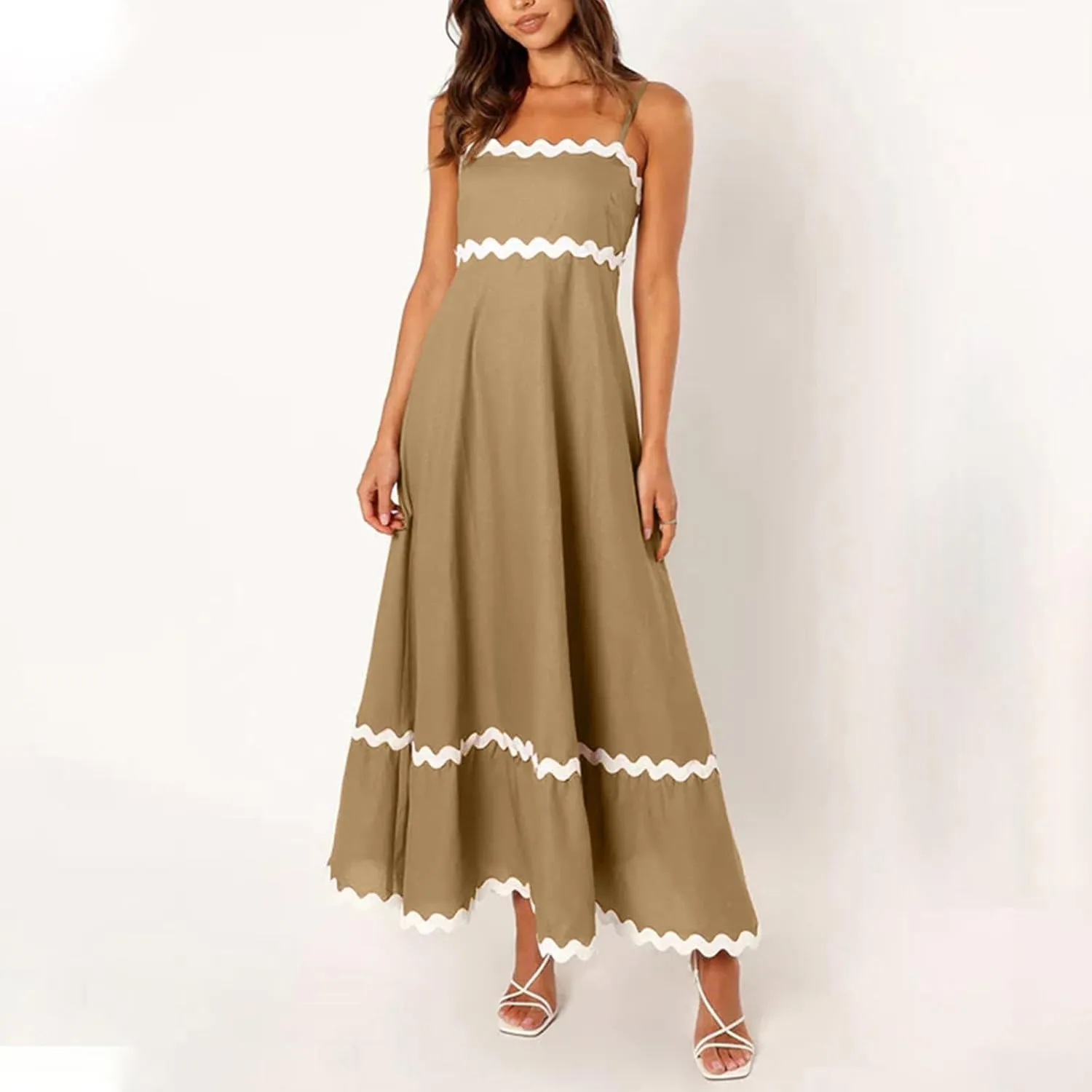 Summer Casual Boho Dresses for Women 2024 RIC Rac Spaghetti Strap Flowy Maxi Dress Berach Smocked Flowy Sundress