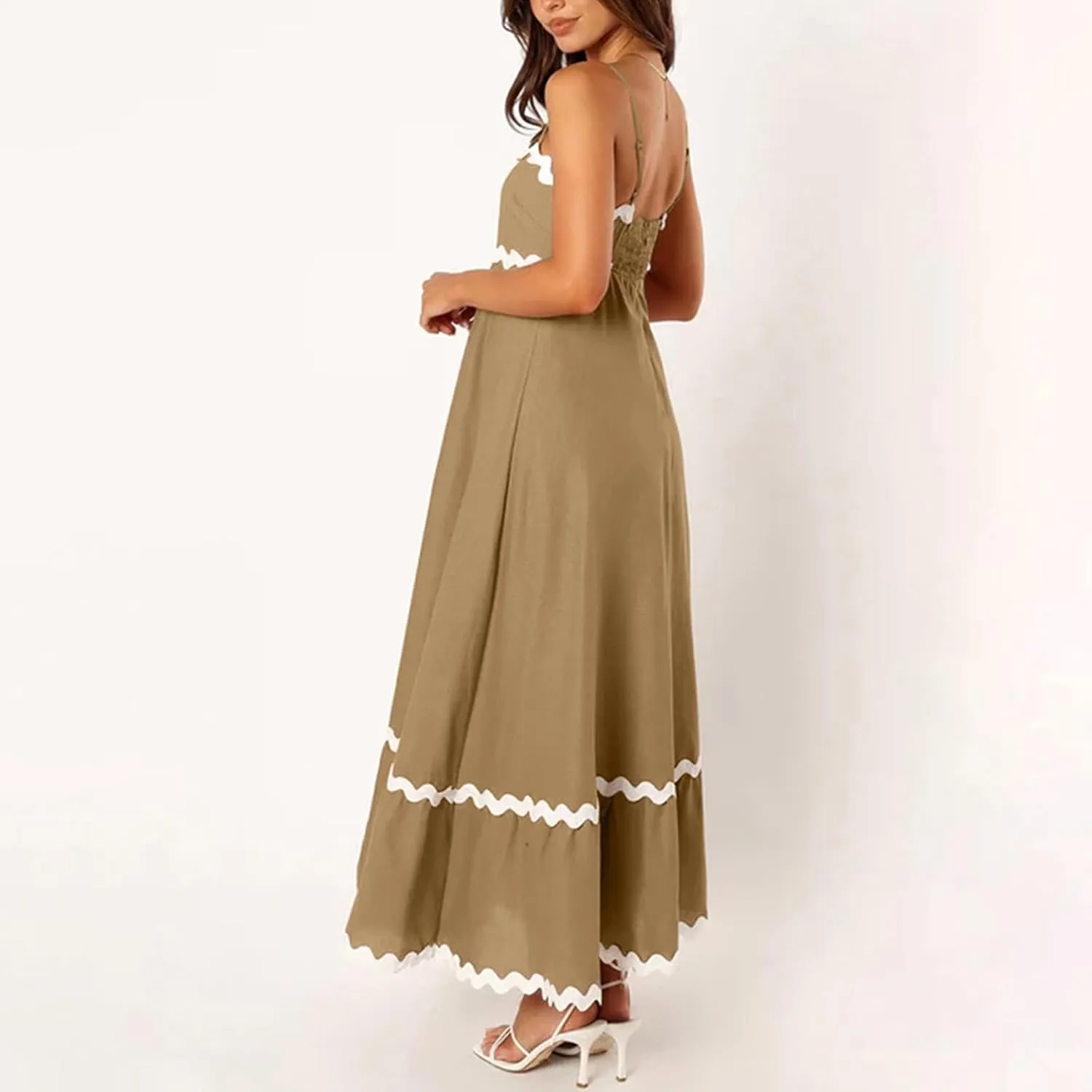 Summer Casual Boho Dresses for Women 2024 RIC Rac Spaghetti Strap Flowy Maxi Dress Berach Smocked Flowy Sundress