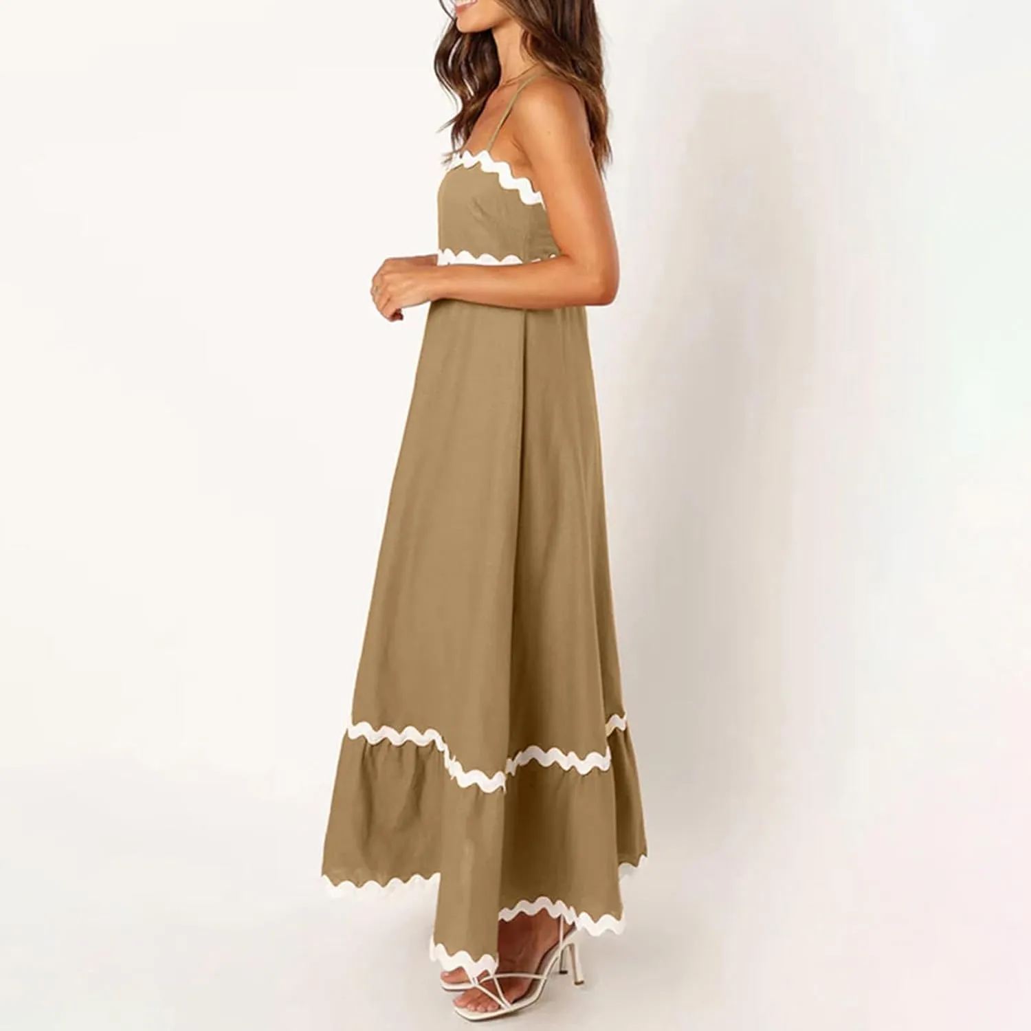 Summer Casual Boho Dresses for Women 2024 RIC Rac Spaghetti Strap Flowy Maxi Dress Berach Smocked Flowy Sundress