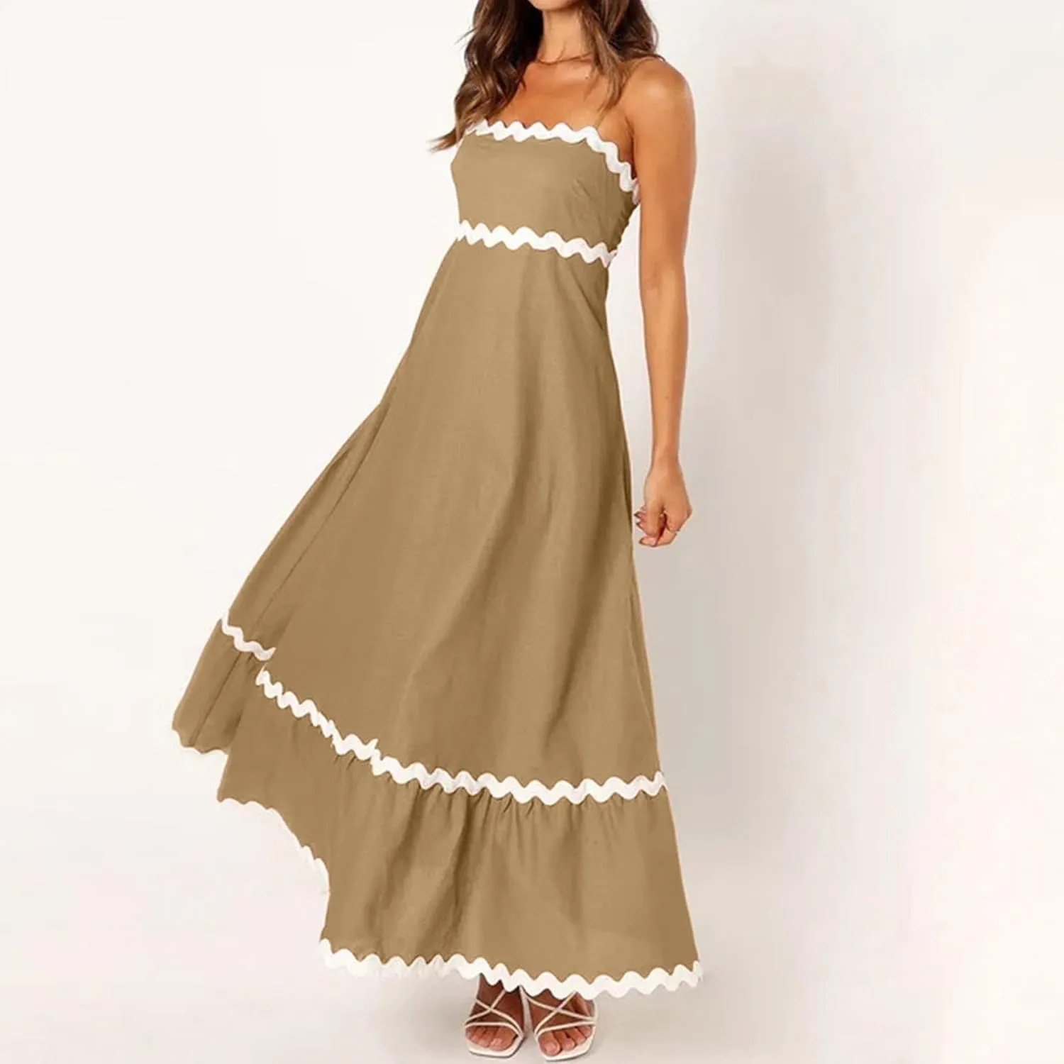 Summer Casual Boho Dresses for Women 2024 RIC Rac Spaghetti Strap Flowy Maxi Dress Berach Smocked Flowy Sundress