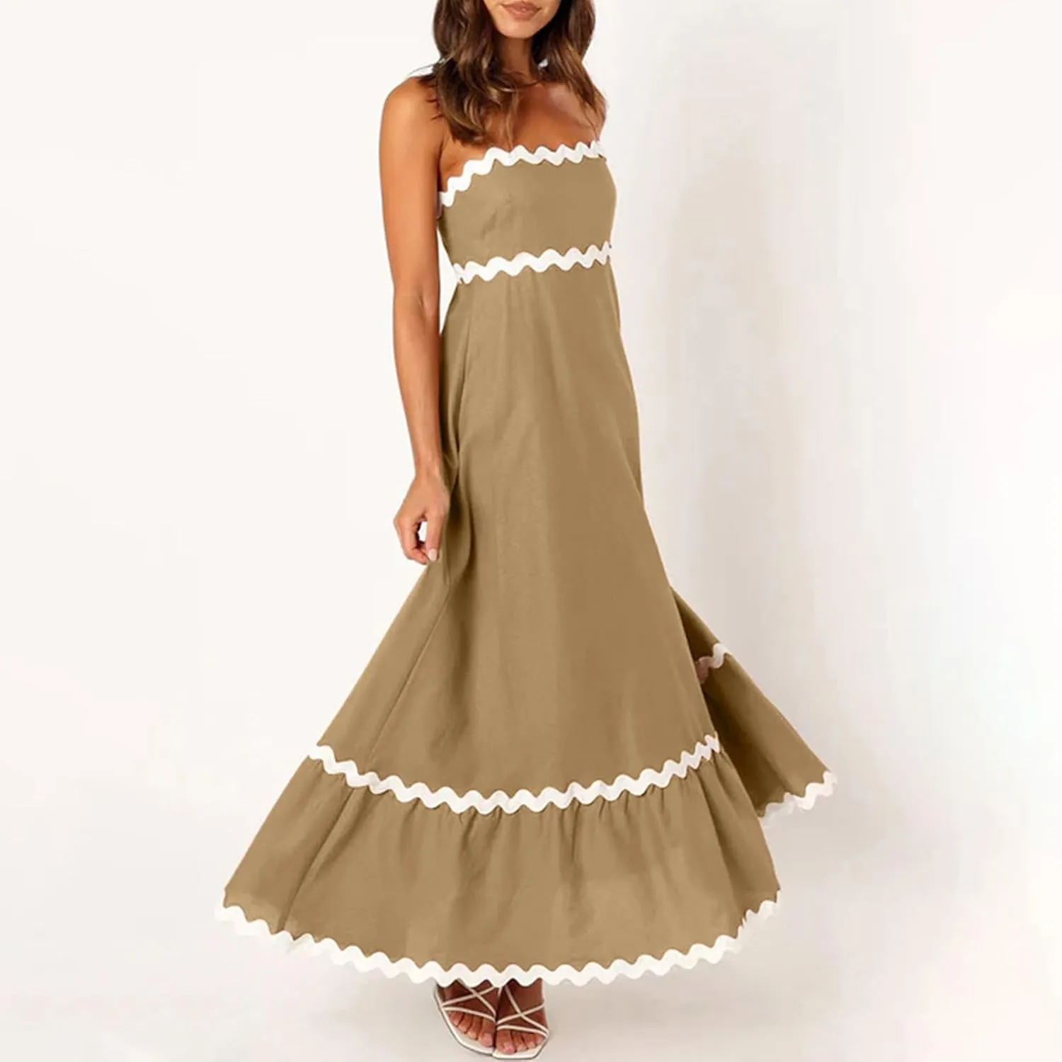 Summer Casual Boho Dresses for Women 2024 RIC Rac Spaghetti Strap Flowy Maxi Dress Berach Smocked Flowy Sundress