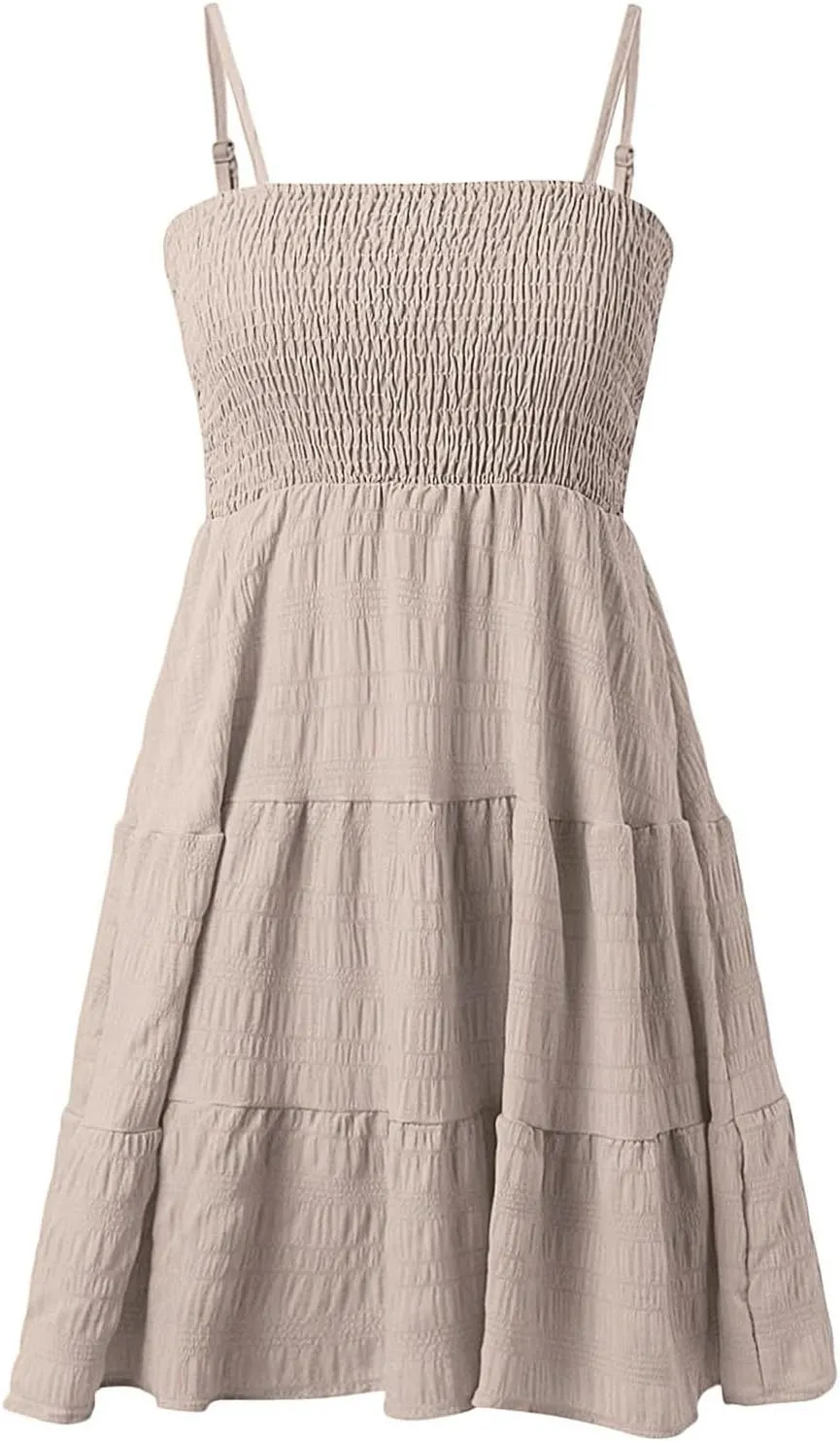 Summer Dresses for Teens Spaghetti Strap Ruffle Mini Sundress Women Sleeveless Smock Cami Dress Date Night Outfit