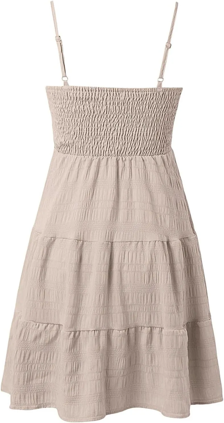 Summer Dresses for Teens Spaghetti Strap Ruffle Mini Sundress Women Sleeveless Smock Cami Dress Date Night Outfit