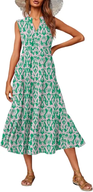 Summer Dresses for Women 2025 Casual Midi Maxi Dresses Lightweight V Neck Elastic Waist Boho Beach Dress