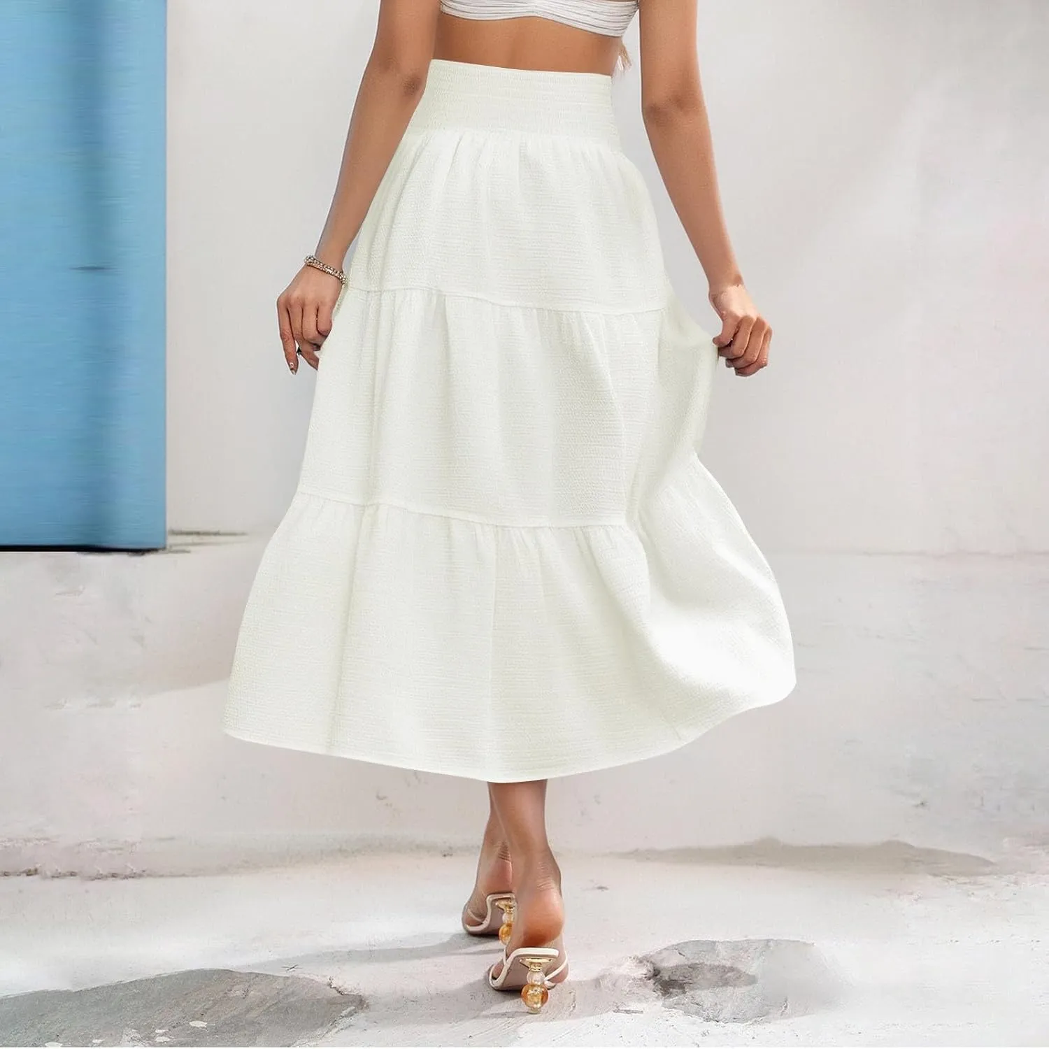 Summer Skirts for Women 2025 Vacation Elastic High Waisted Linen Maxi Skirt Casual Summer Beach Cover Up Skirts