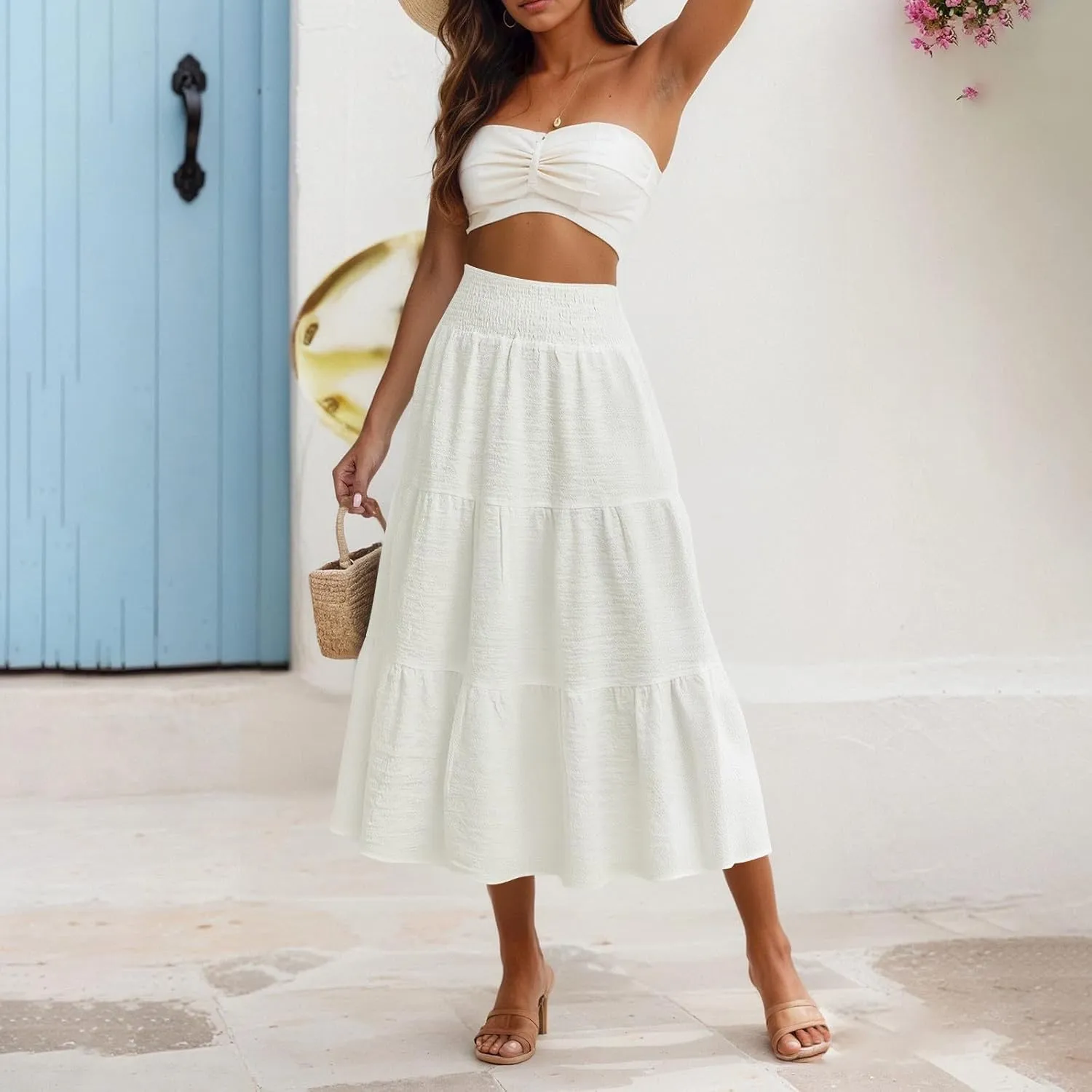 Summer Skirts for Women 2025 Vacation Elastic High Waisted Linen Maxi Skirt Casual Summer Beach Cover Up Skirts