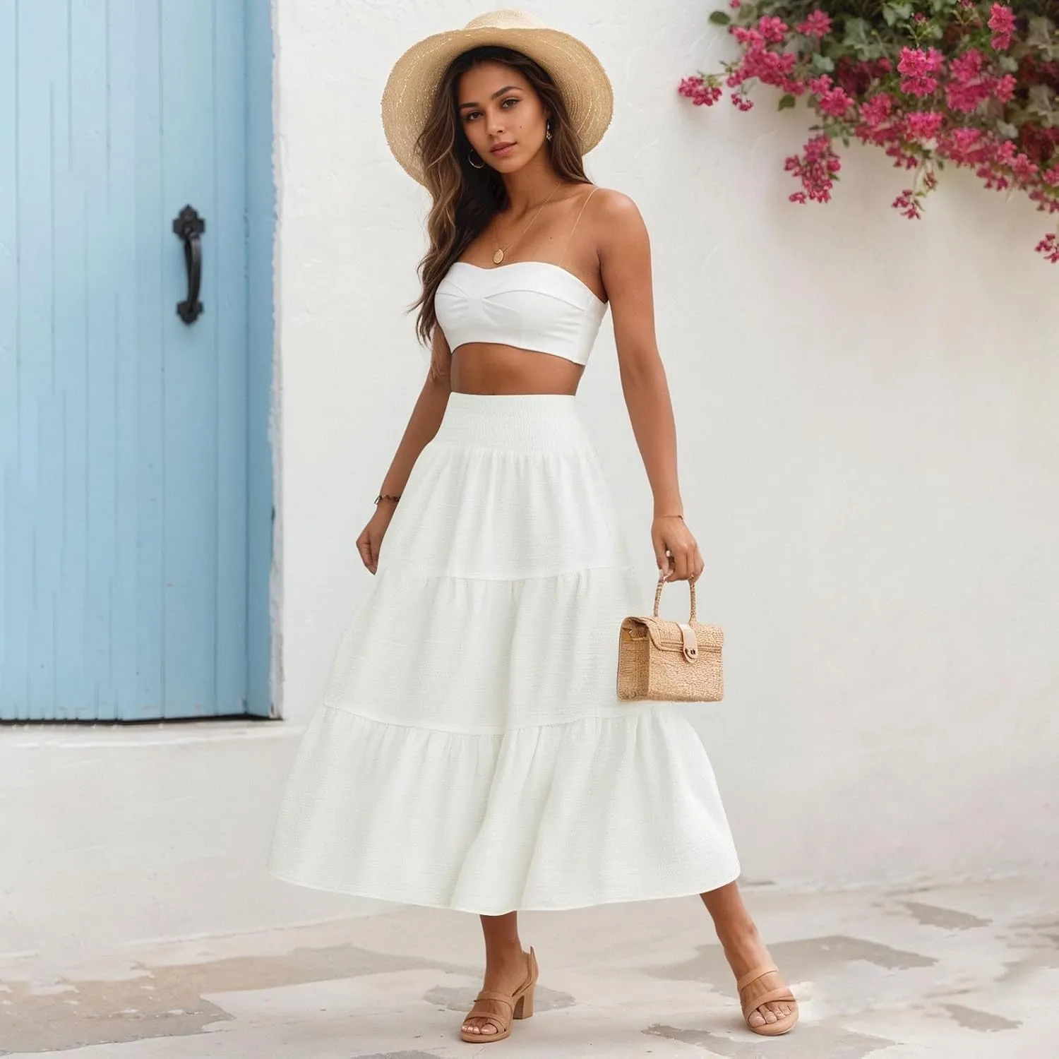 Summer Skirts for Women 2025 Vacation Elastic High Waisted Linen Maxi Skirt Casual Summer Beach Cover Up Skirts