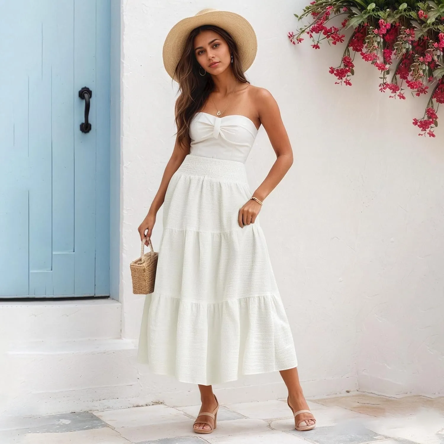 Summer Skirts for Women 2025 Vacation Elastic High Waisted Linen Maxi Skirt Casual Summer Beach Cover Up Skirts