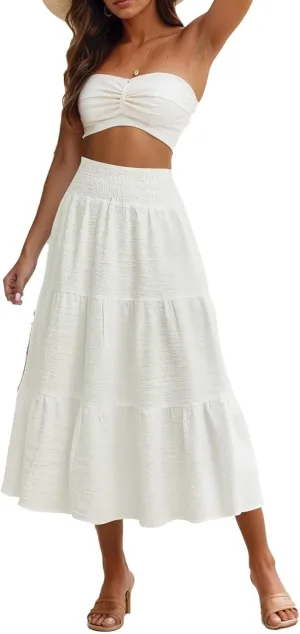 Summer Skirts for Women 2025 Vacation Elastic High Waisted Linen Maxi Skirt Casual Summer Beach Cover Up Skirts