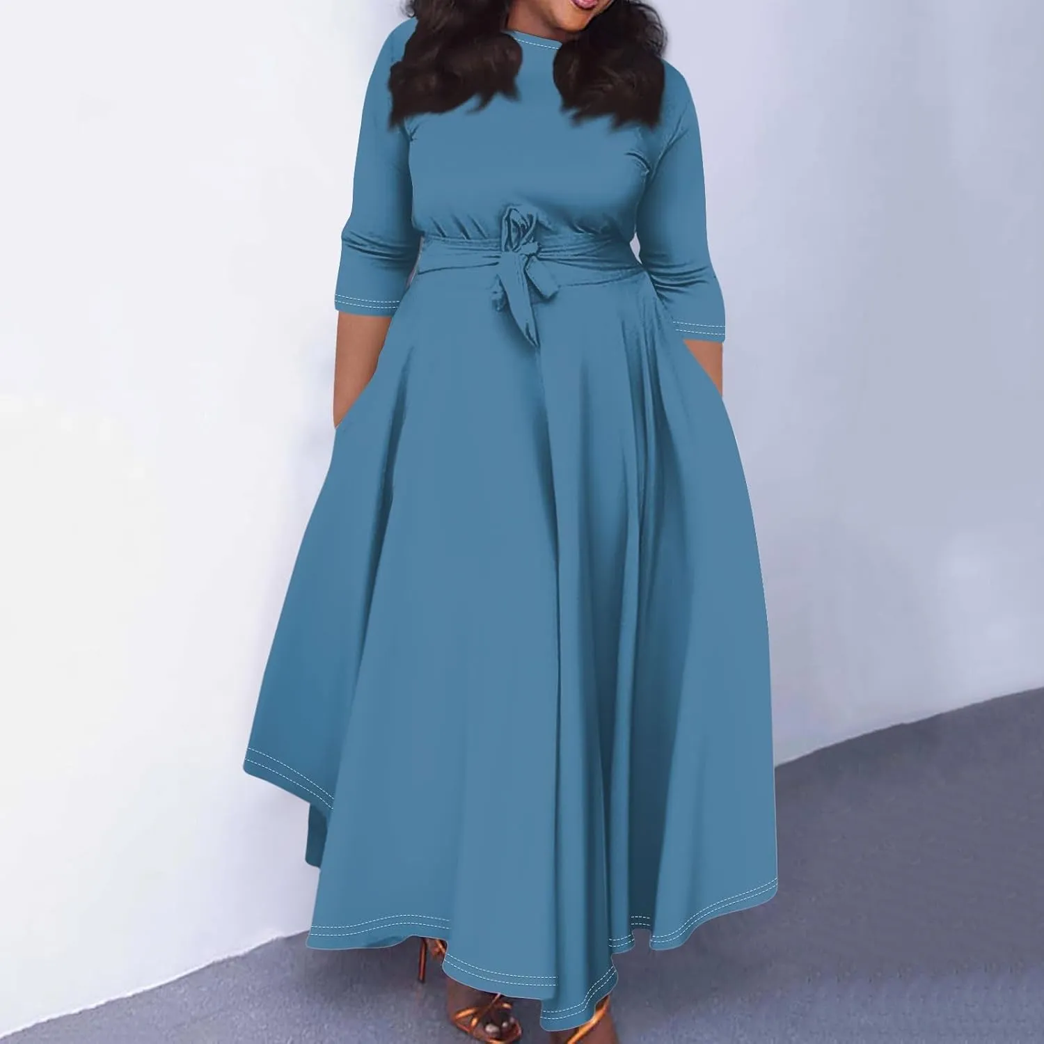 Trendy Plus Size Maxi Dresses for Women Formal Long Sleeve Elegant Floral 3/4 Sleeve Ruched Flowy A Line Long Dress