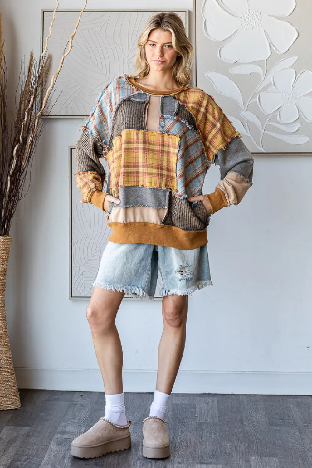 Washed Plaid Mix Patchwork Top