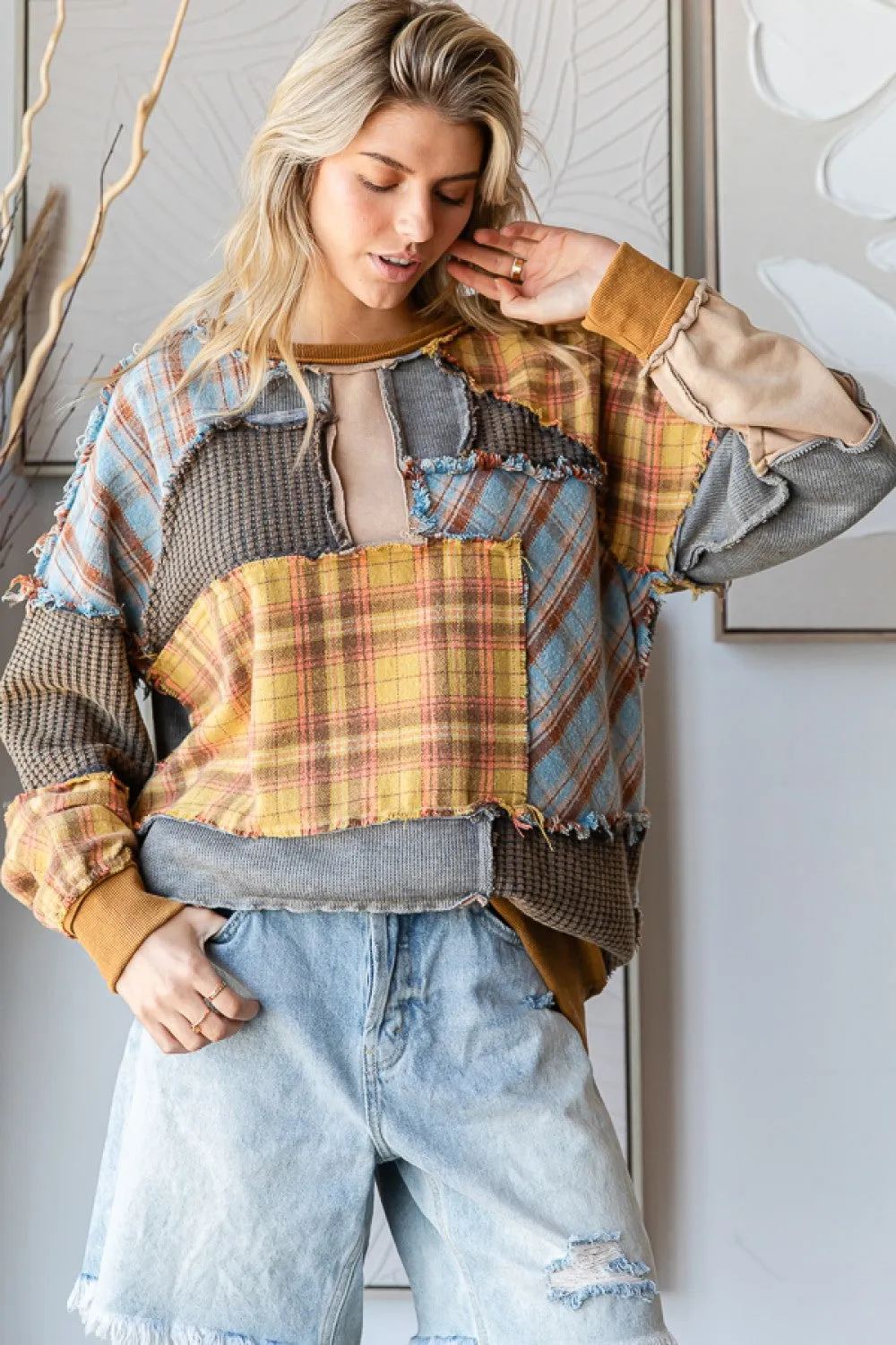 Washed Plaid Mix Patchwork Top