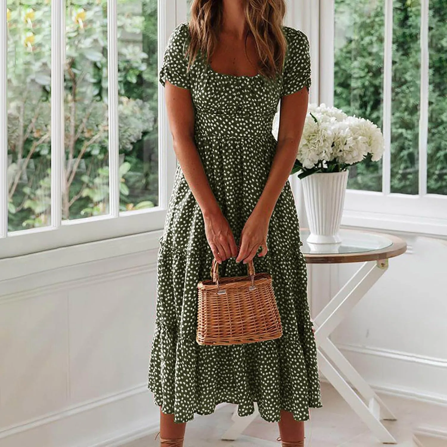 Women Boho Dress Summer Maxi Dress Polka Dot Sundress Short Sleeve A Line Tiered Dresses Flowy Beach Vacation Dress