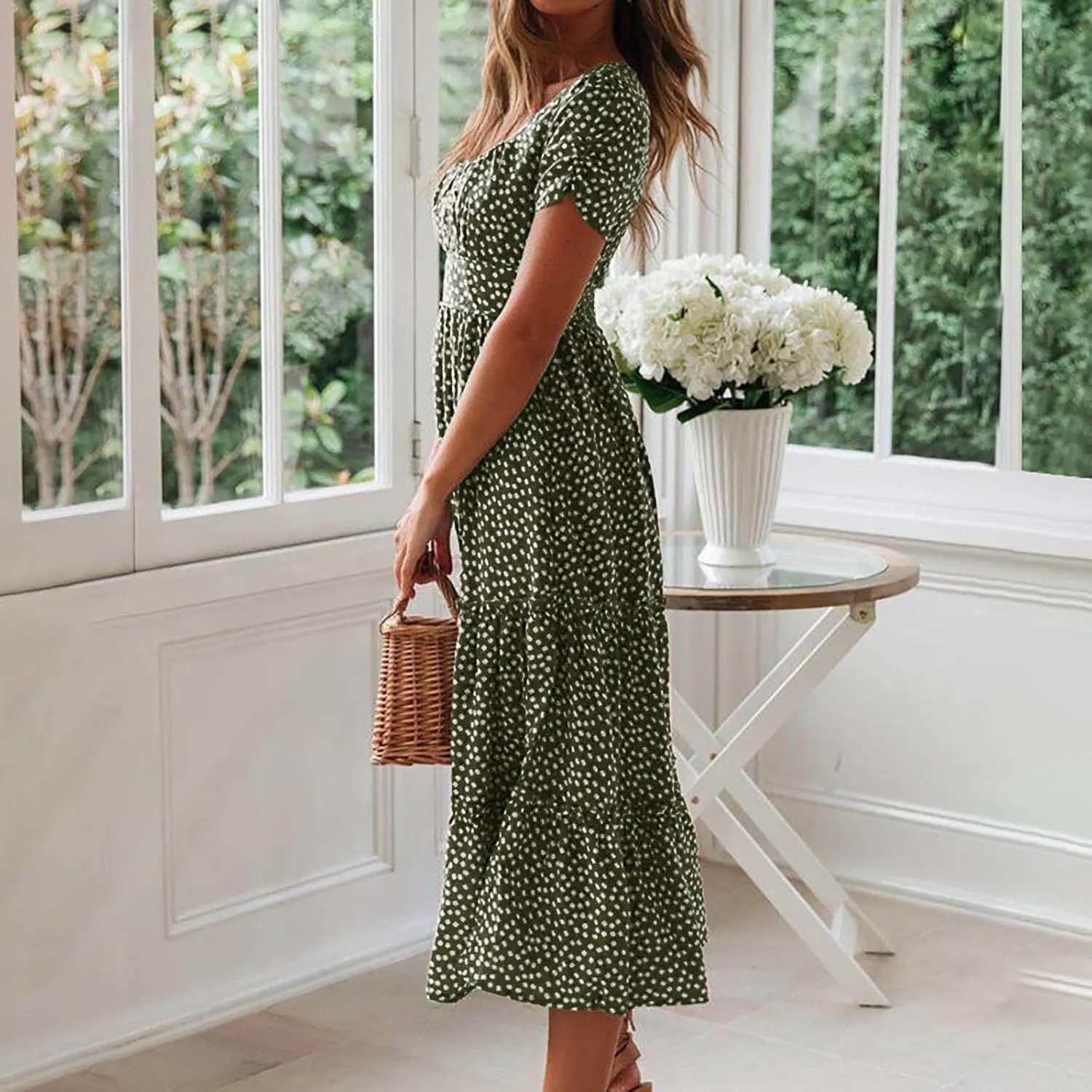 Women Boho Dress Summer Maxi Dress Polka Dot Sundress Short Sleeve A Line Tiered Dresses Flowy Beach Vacation Dress