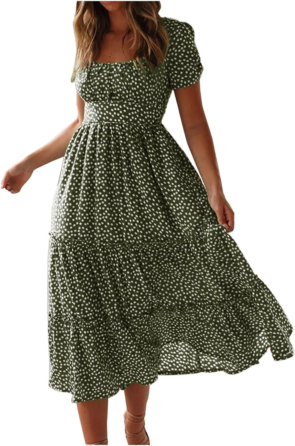Women Boho Dress Summer Maxi Dress Polka Dot Sundress Short Sleeve A Line Tiered Dresses Flowy Beach Vacation Dress
