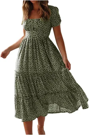 Women Boho Dress Summer Maxi Dress Polka Dot Sundress Short Sleeve A Line Tiered Dresses Flowy Beach Vacation Dress