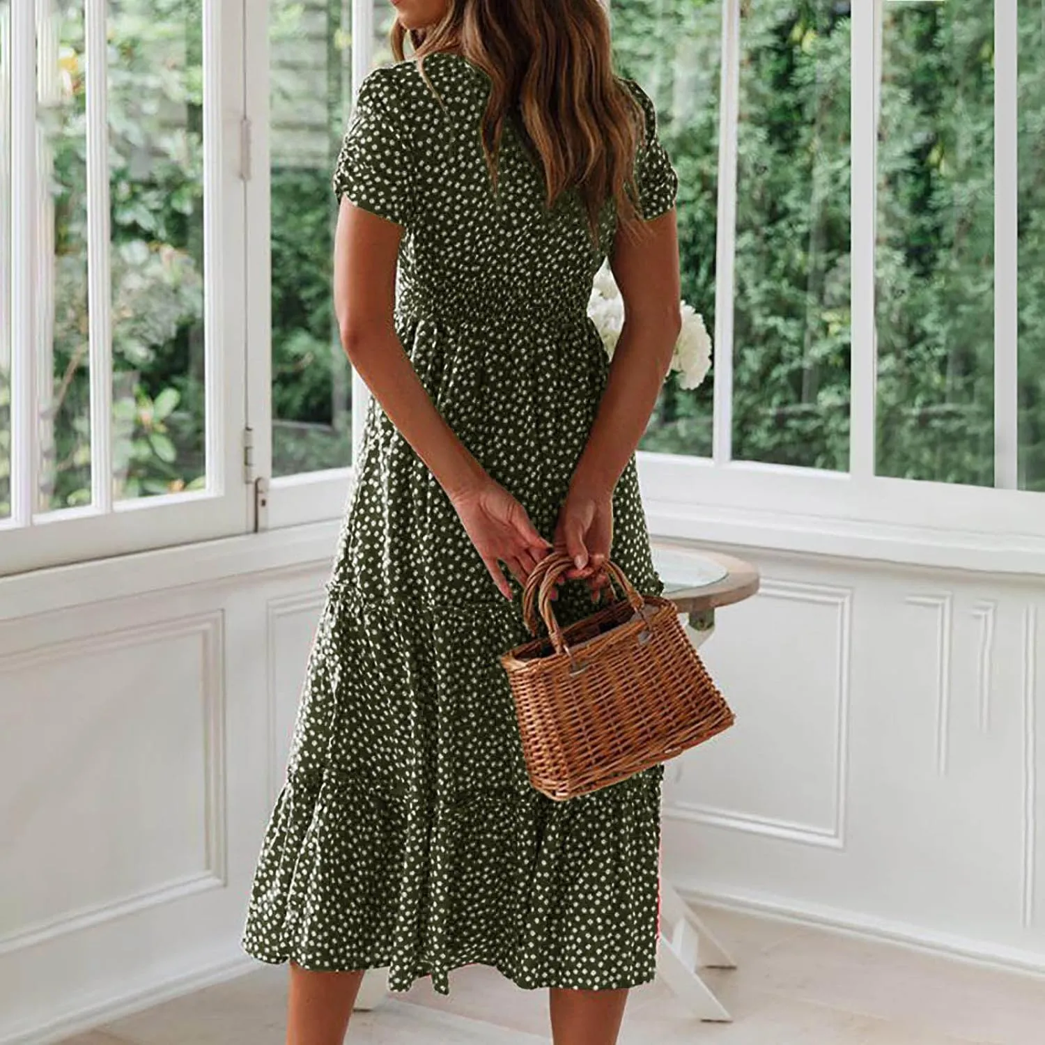 Women Boho Dress Summer Maxi Dress Polka Dot Sundress Short Sleeve A Line Tiered Dresses Flowy Beach Vacation Dress