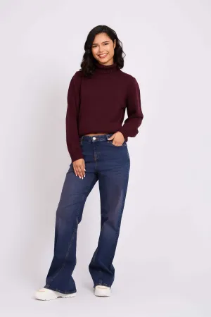 Women Wide Flare Denim Pant Burgundy