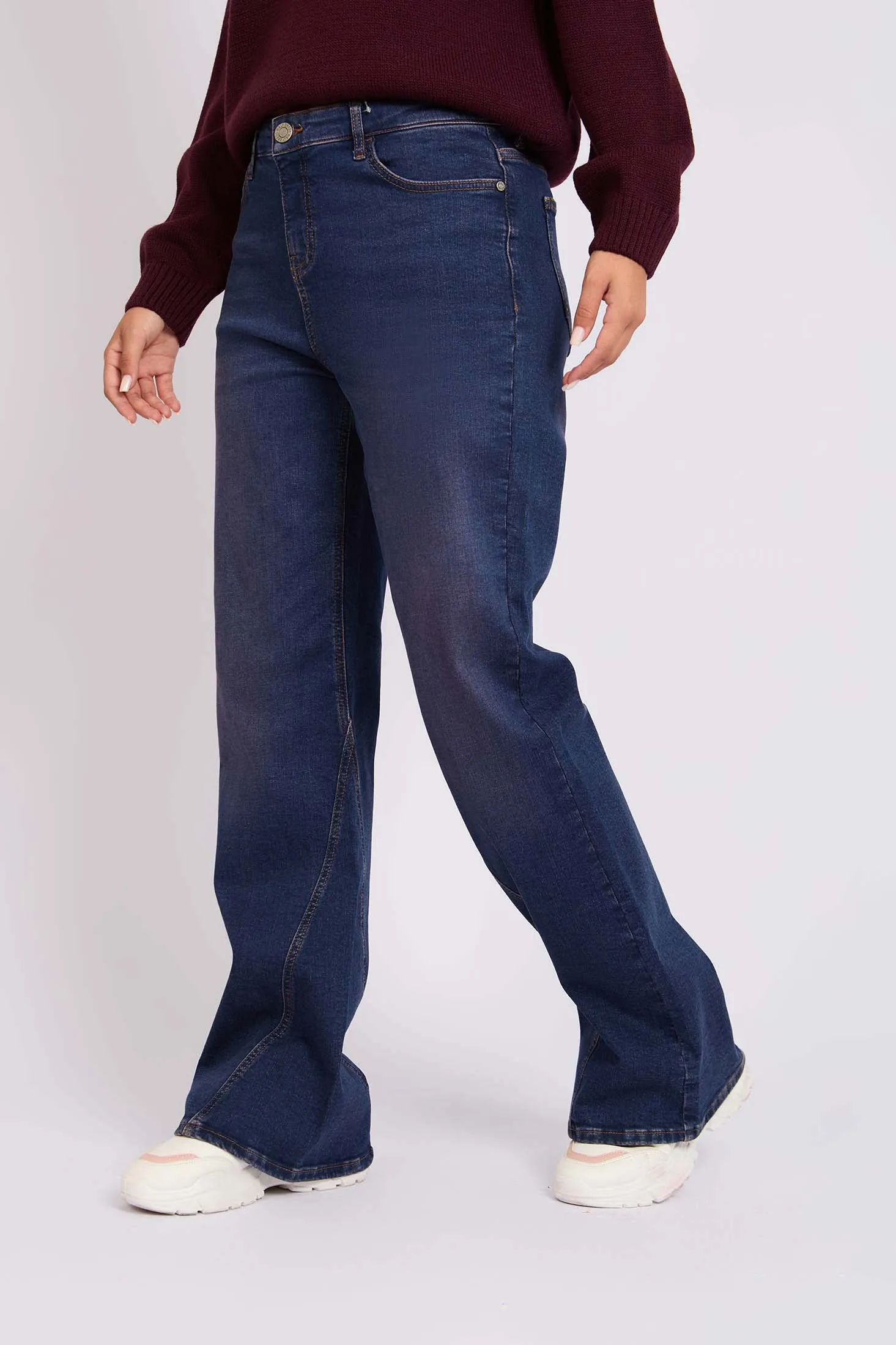 Women Wide Flare Denim Pant Burgundy