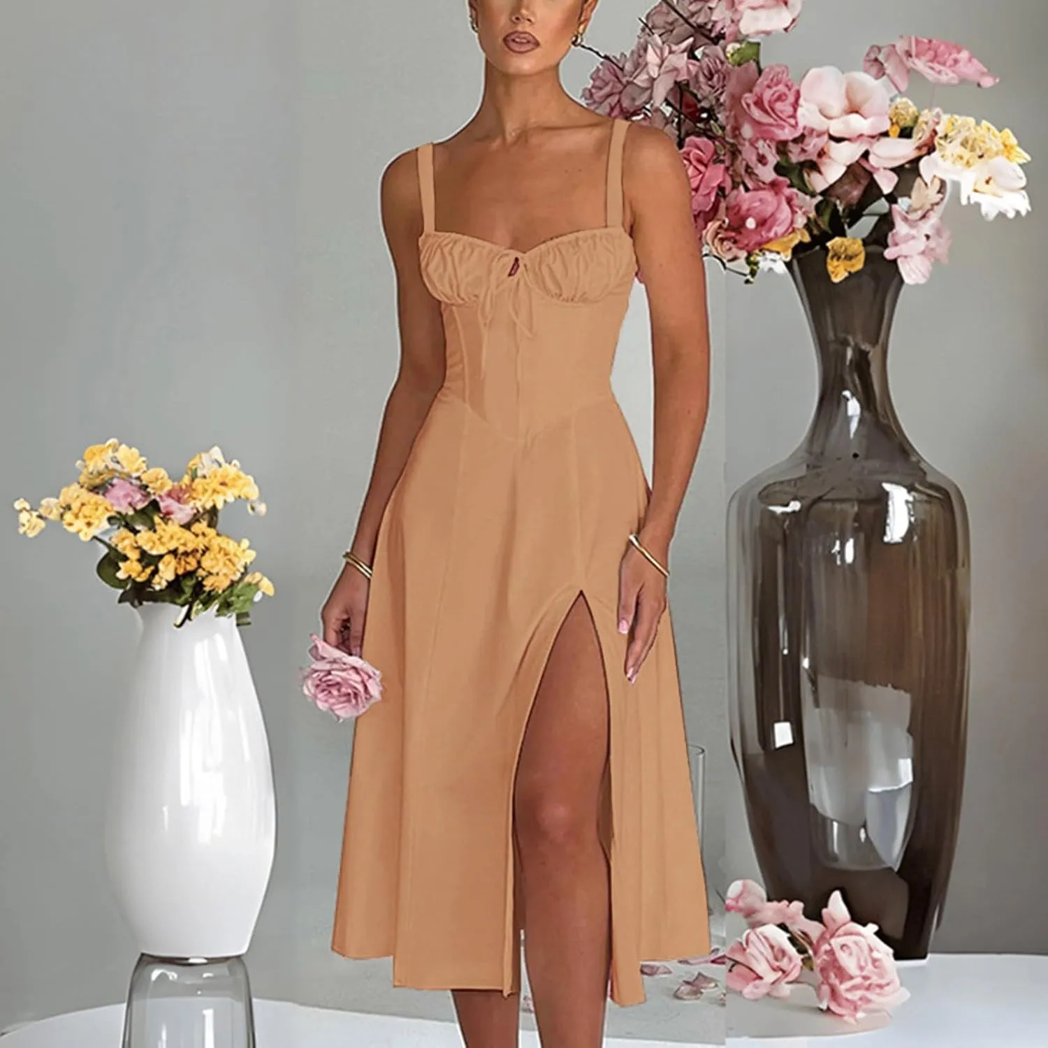 Womens 2024 Summer Maxi Dress Sleeveless Floral Spaghetti Strap Smocked Boho Beach Long Dress